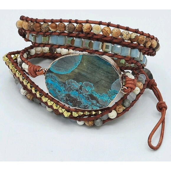 Handcrafted Boho Chic Turquoise Ocean Jasper Wrap Leather Bracelet XLNT - Picture 3 of 4